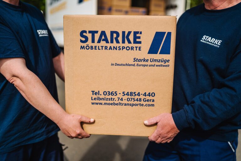 Mitarbeiter vom Umzugsservice transportieren einen Karton